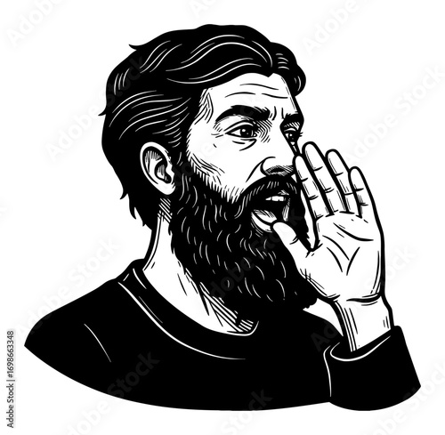 Bearded Man Shouting Loudly with Hand Near Mouth Black and White Outline Line Art Drawing Call Out