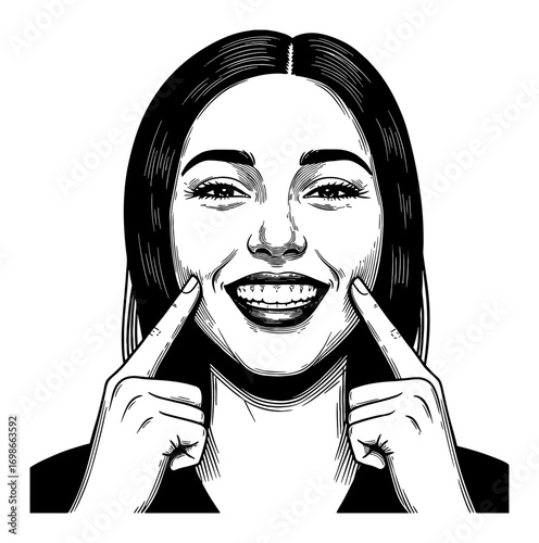 Smiling Woman with Fingers on Cheek Happy Expression Face Black and White Outline Line Art Drawing