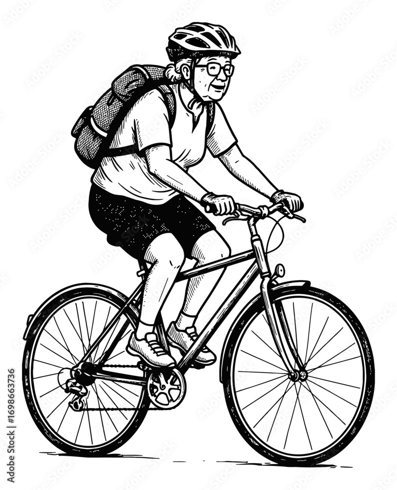 Fototapeta premium Grandma Cycling with Backpack and Helmet Wearing Glasses Side View Black and White Outline Line Art Drawing