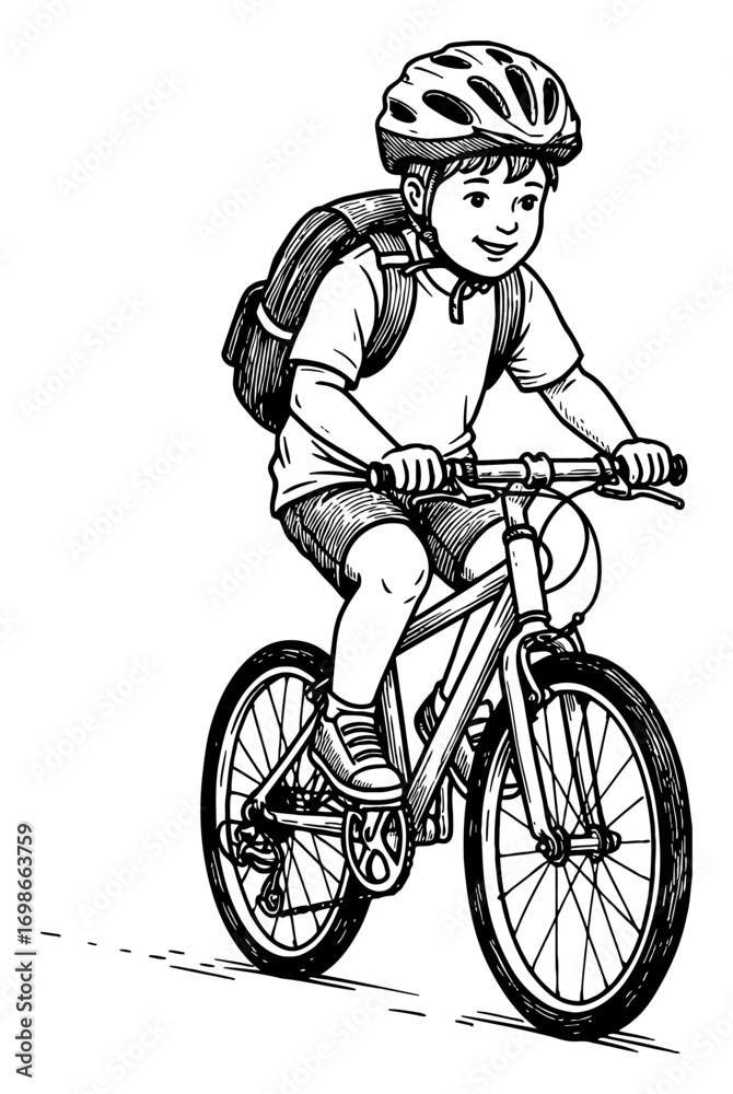 Fototapeta premium Little Boy Cycling with Backpack and Helmet Front View Black and White Outline Line Art Drawing