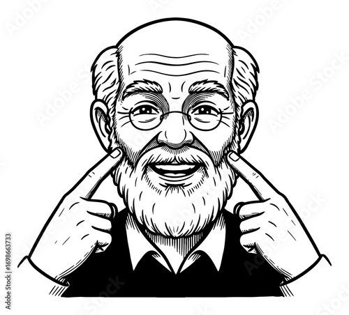 Smiling Grandpa with Fingers on Cheek Happy Expression Face Cute Cartoon Style Black and White Outline Line Art Drawing