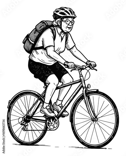Grandma Cycling with Backpack and Helmet Wearing Glasses Side View Black and White Outline Line Art Drawing