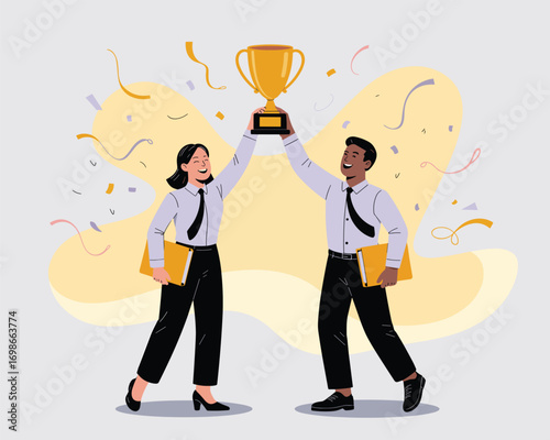 Celebrating achievement Two business professionals triumphantly hold up a golden trophy