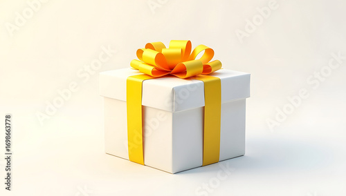 White gift box tied with blue ribbon on clean background