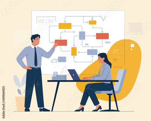 Teamwork and planning for business success with flowchart analysis