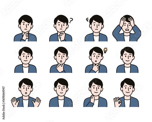 Various facial expression variations of a casual young man