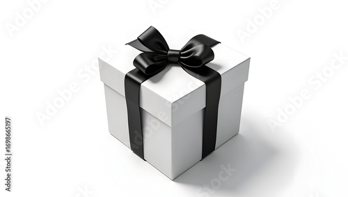 White gift box tied with blue ribbon on clean background