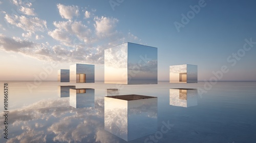 Reflective architectural cubes reflecting the sky and clouds on a smooth surface