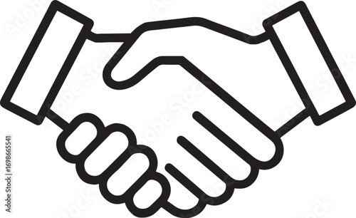 Black outline icon of two hands shaking on a white background handshake agreement