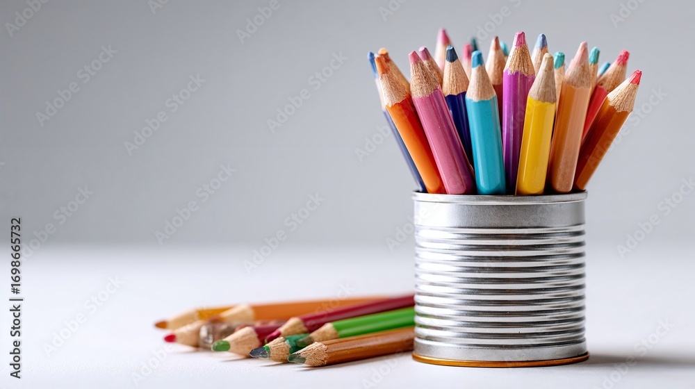 Fototapeta premium Colored pencils in tin can with scattered pencils on white table