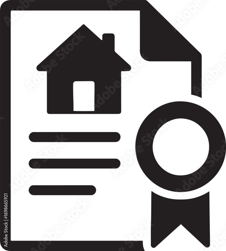 Black silhouette of a house on a document with a seal and lines home paper