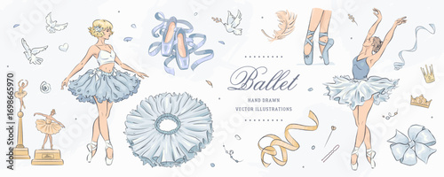 Hand drawn sketch ballet set. Vector illustration of ballerina and ballet studio elements isolated on background