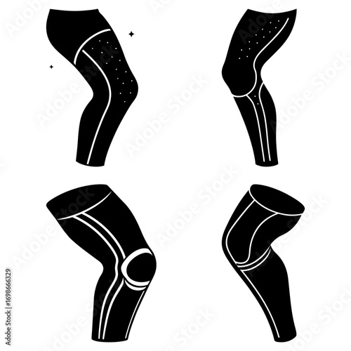 Illustration of four black leg sleeves with varying designs and patterns on a white background space