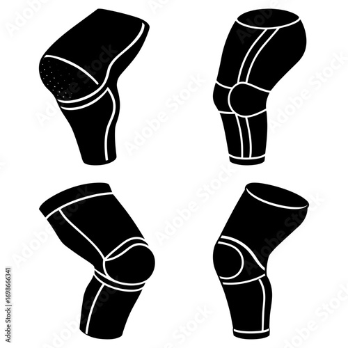 Four black knee pads with white outlines in different angles shown on a white background in a pattern