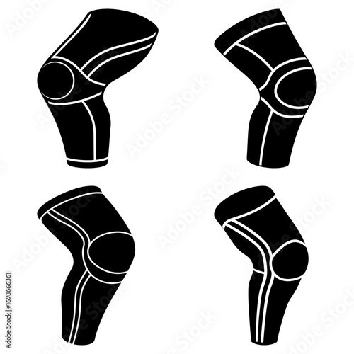 Four graphic knee braces in black and white offering support and protection for the knee joint area in sports