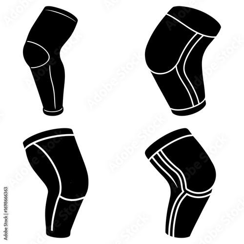 Four black and white knee sleeves with varying designs and orientations on a white background are shown