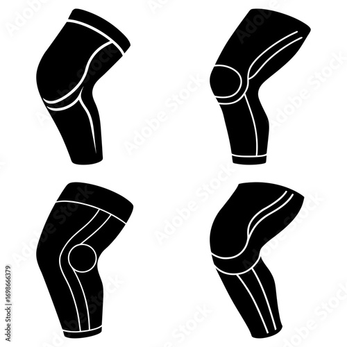Four black knee braces with white outline details in varying styles and orientations on a white background
