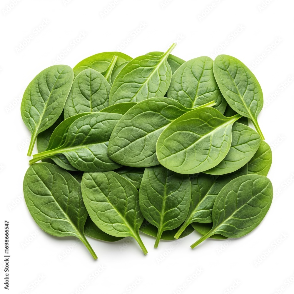 Fototapeta premium Fresh baby spinach leaves are stacked tightly on top of each other, the green color indicates the freshness of the spinach, it is suitable for vegetarian diet and salads
