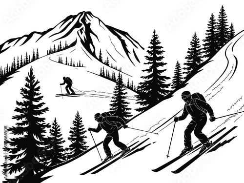 Mountain Landscape Vector with Downhill Skiing in Vintage Black and White Style. Silhouettes of Skiers, Snow-Covered Slopes, Pine Trees, and Rugged Peaks for Winter Sports Design