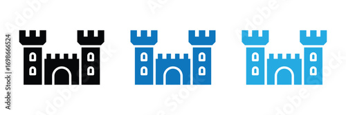 A stylized icon of a castle with battlements and arched entrance, isolated on transparent background
