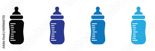 Four baby feeding bottles in black and blue colors, isolated on transparent background
