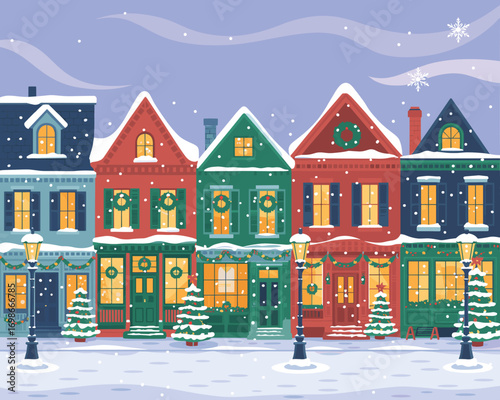 Festive Houses Decorated for Christmas in Winter