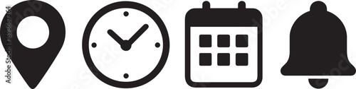 Location clock calendar and bell icons on white background marker