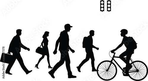 Silhouette of diverse people walking and cycling on street, urban pedestrian crossing, traffic lights, commuting lifestyle, city life, active transportation concept

