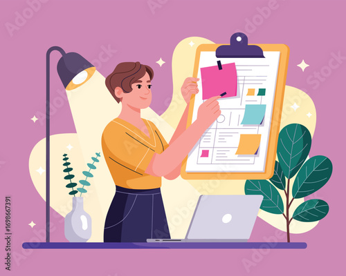 Woman Planning and Organizing Tasks on a Clipboard with Sticky Notes