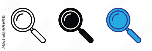 Collection of three magnifying glass icons in different styles isolated on transparent background