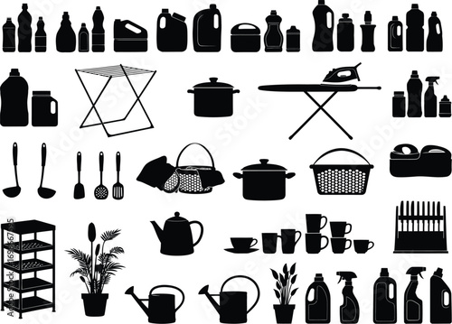 Collection of household cleaning supplies and kitchenware items in silhouette against a white background
