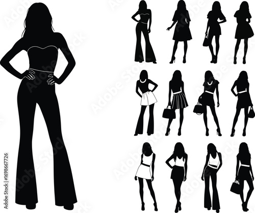 Collection of elegant female fashion silhouettes posed in various stylish outfits and dramatic flare pants