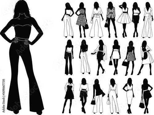 Collection of diverse female fashion silhouettes showcasing various styles and outfits on a white background