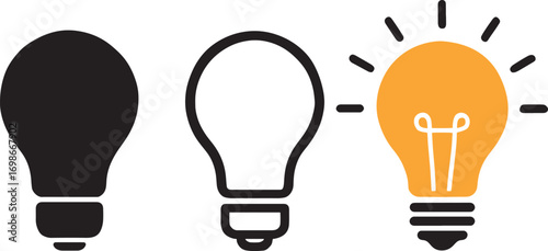 Three light bulb icons showing off and on states in black and orange idea innovation
