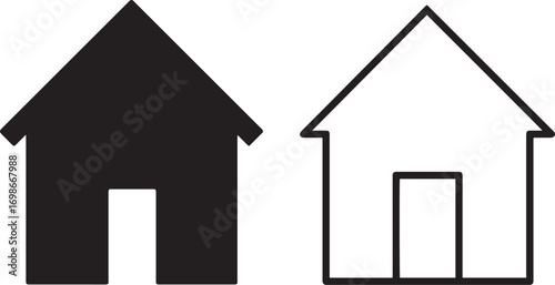 Two house icons one solid black and one outline on white background home symbol