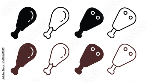 Set of chicken leg icons in black, white, and brown colors, isolated on transparent background
