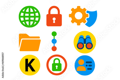 Java Access Icons. Flat vector icons of Java Access Modifiers: public access, private variable, protected method, default package,
