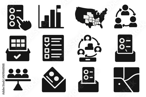 Electoral System Icons. Solid style icons of electoral systems and methods: ranked choice ballot, first-past-the-post chart,