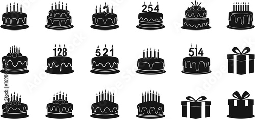 Birthday cake silhouettes with candles, numbers, frosting, and gift boxes, perfect for party decorations, invitations, icons, or greeting cards.