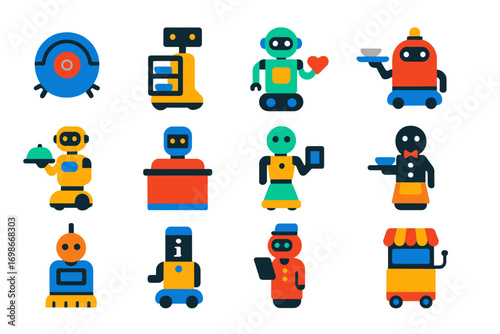 Service Robots Icons. Flat vector icons of service robots: robotic vacuum cleaner, hospital delivery bot, elder care robot,
