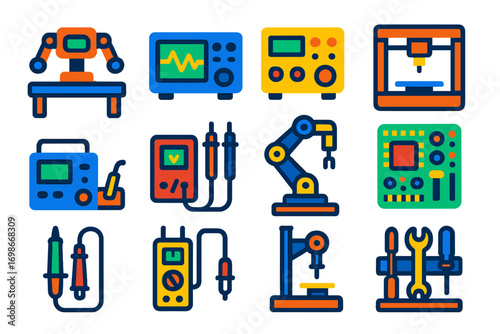 Robotics Lab Icons. Flat vector icons of robotics lab equipment: test bench, oscilloscope, power supply unit, 3D printer,