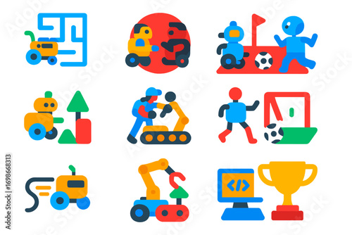 Robotics Icon Set. Flat vector icons of robotic competitions: maze solving robot, sumo robot, robot race, obstacle course bot,