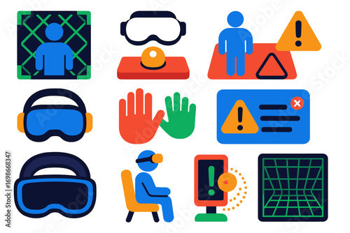 VR Safety Icons. Flat vector icons of VR safety and calibration: guardian boundary, floor setup, play space warning, headset fit