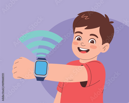 Happy Boy with Smartwatch Embracing Modern Technology and Connectivity