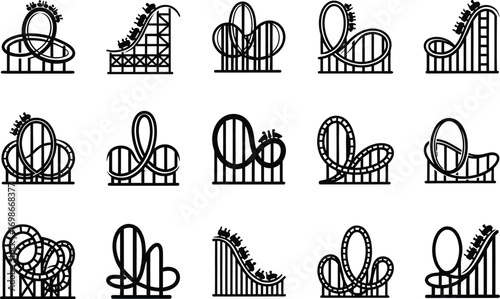 Collection of stylized black and white line art icons representing various roller coaster designs and amusement park thrills