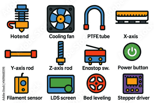 3D Printer Parts Icons. Flat vector icons of 3D printer parts: hotend assembly, cooling fan, PTFE tube, X-axis belt, Y-axis rod, Z