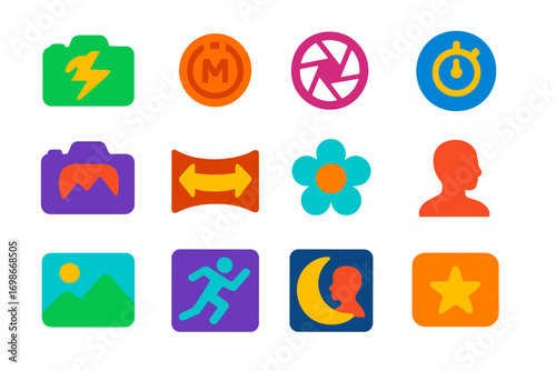 Camera Mode Icons. Flat vector icons of camera shooting modes: auto mode icon, manual mode, aperture priority, shutter priority,