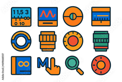 Manual Lens Icons. Flat vector icons of manual focus lenses: distance scale, focus peaking icon, split-prism guide, zone focusing,