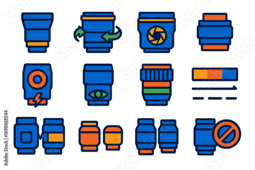 Prime vs Zoom Icons. Flat vector icons of prime vs zoom lenses: fixed focal icon, zoom ring rotation, constant aperture zoom,
