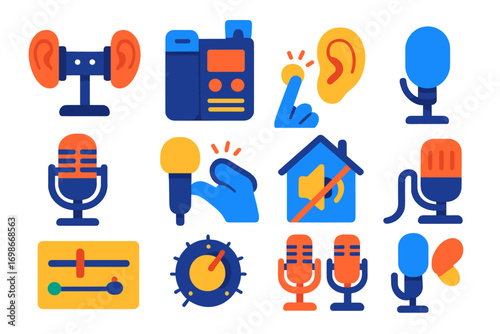 ASMR Microphone Icons. Flat vector icons of microphones for ASMR: binaural mic, stereo recorder, contact mic for tapping,